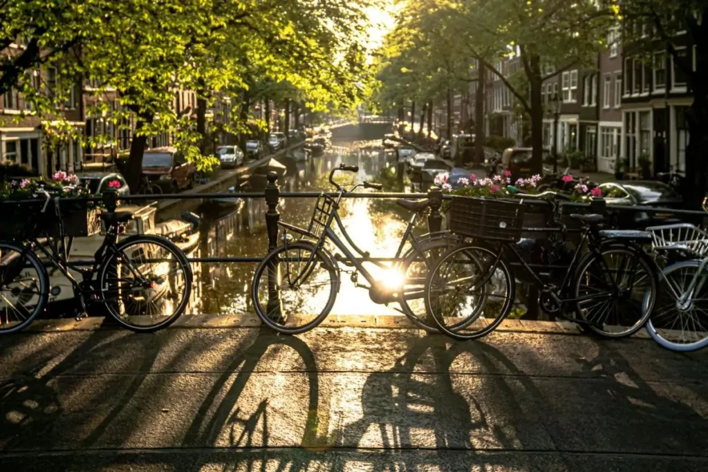 bicycles on a bridge over a canal